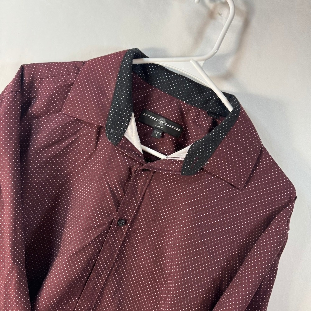 Society of Threads Mens Slim Fit Polka Dot Button Down Shirt Burgundy Large L